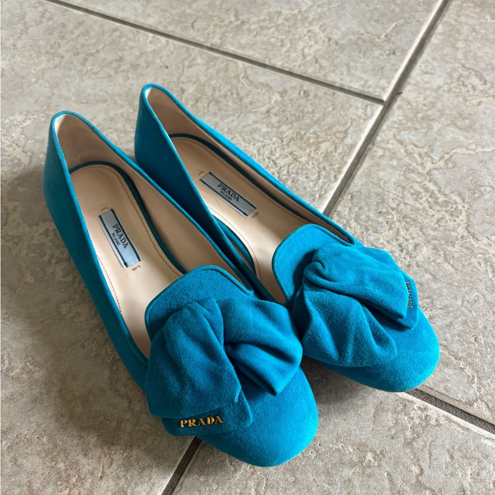 Prada Women's Teal Suede Loafers - Picture 2 of 6